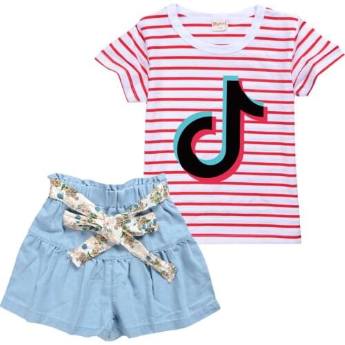 TIK TOK kids toddler girls summer clothes Cartoon T shirt + Denim Skirt Pants Baby girl Sport Suits children girls clothes