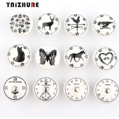 1PC Porcelain Cupboard Door Knob Pastoral Country Cottage Furniture Cabinet Knobs Clock Animal Printed White Ceramic drawer Pull