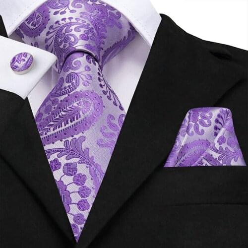 Purple Floral Tie For Men Paisley Plaid Pattern Men Silk Tie Designer Formal Business Wedding Hanky Cufflink Necktie Suit