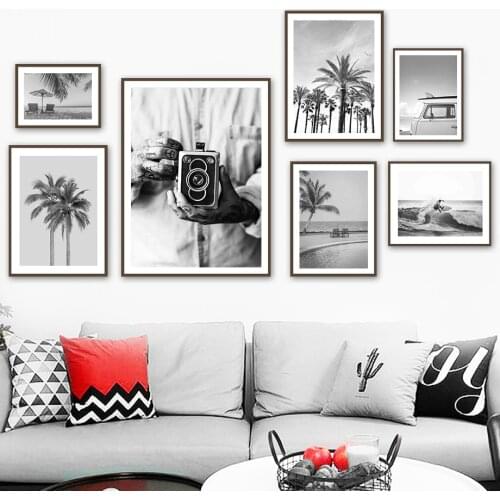 Black White Camera Coconut Tree Car Beach Wall Art Canvas Painting Nordic Posters And Prints Wall Pictures For Living Room Decor