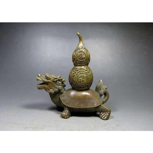 China Feng Shui brass copper carved town house Evil Gourd turtle dragon Statue