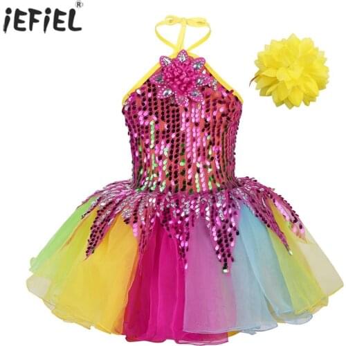 Colorful Girls Dress Ballet Dance Halter Neck Sequins 3D Flower Mesh Tutu Dress with Wristband Set Children Girls Dancewear