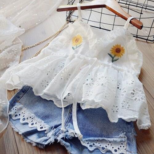 Baby girl clothes 2-8 years old summer fashion sling suit girls embroidered lace sling top + denim shorts two-piece baby girl