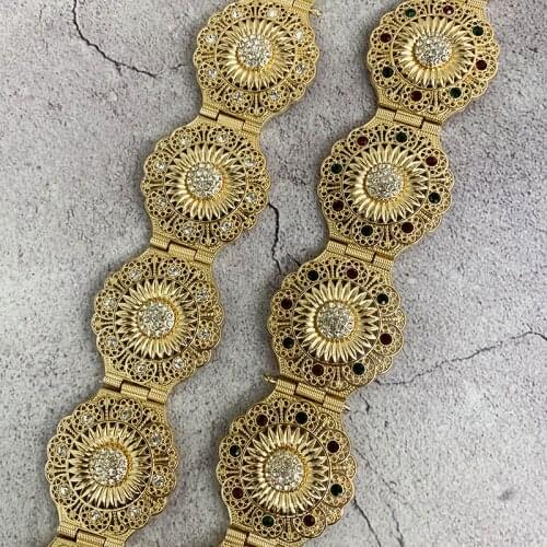 Moroccan Style Caftan Sunflower Pattern Metallic Belt for Ladies Jewelry Hollow Flower Wedding Dress Waist Chain