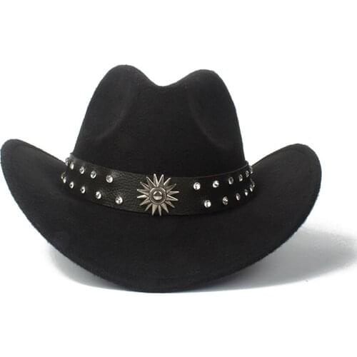 Retro Women Men Wool Hollow Western Cowboy Hat Roll-up Brim Gentleman Outblack Sombrero Hombre Felt Cap Size 56-58