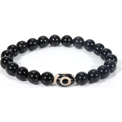 Men Bracelets Black Obsidian Lava Stone Eye Charm Bracelet 8mm Lapis Lazuli Beads Bangle Elastic Pulsera Mens Tibetan Jewelry