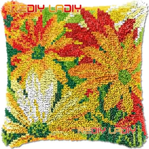 Latch Hook Cushion Orange Flowers DIY Needlepoint Kits Chunky Acrylic Yarn Arts Crocheting Lofty Pillow Case Hobby & Crafts