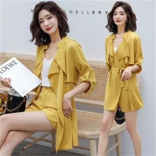 Summer 2021 New Suit Shorts Suit Female Korean Fashion Casual Slim Slimming Two-Piece Fashion Five-Point Sleeve Wide-Leg Pants