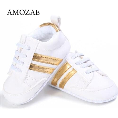 Baby Shoes Newborn Boys Sneaker Girls Two Striped First Walkers Kids Toddlers Lace Up PU Leather Soft Soles Sneakers 0-18 Months