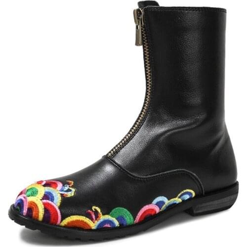 OLOMLB Women Round Toe Embroidery Floral Fish Genuine Leather Ankle Boots Mid Heel Shoes Zip Riding Warm Winter Black New 2020