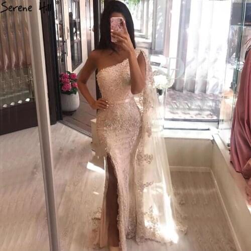 Champagne One Shoulder Mermaid Sexy Prom Dressese Sleeveless Lace Pearls Prom Gowns 2020 Serene Hill BLA70181