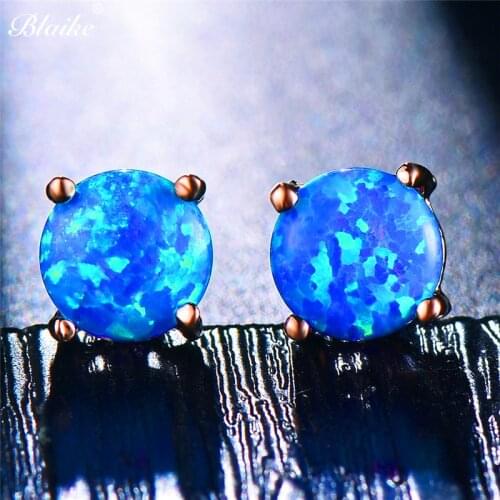 Blaike Fashion Rose Gold Filled Mystic Rainbow Birthstone Earrings 6MM Round Blue/Green/White Fire Opal Stud Earrings For Women
