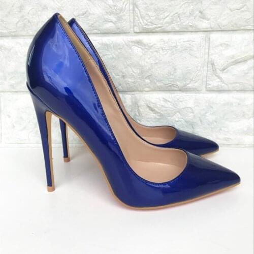 Gem Blue Patent Leather Stiletto High Heels Dress Runway Shoes Woman Pointed Toe Celebrity Pumps Ladies Slip-on Thin High Heels