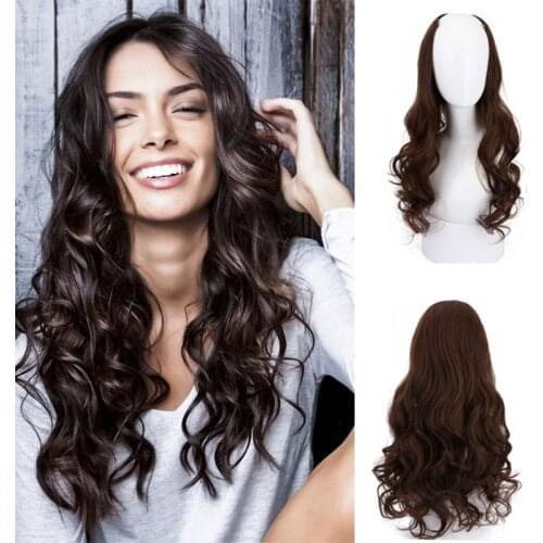 QUEENYANG Synthetic Wig Female U-shaped Half Headdress Invisible Seamless Fluffy Enlarged Wig Female Long Curly Black Brown Hair
