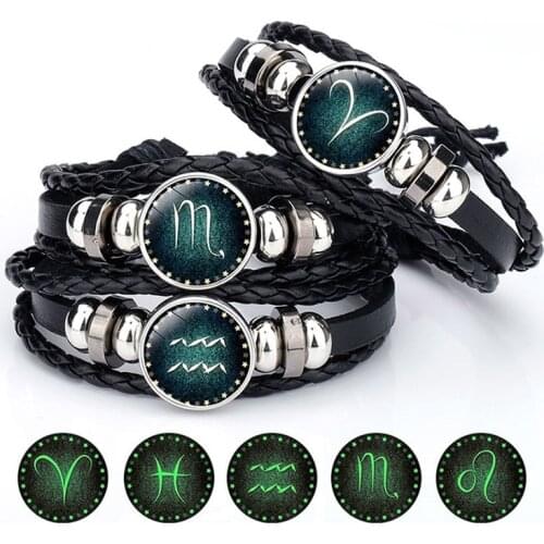 10PC 12 Constellation Luminous Bracelet Men Leather Bracelet Charm Bracelets for Men Boys Women Girl Jewelry Accessories Gifts