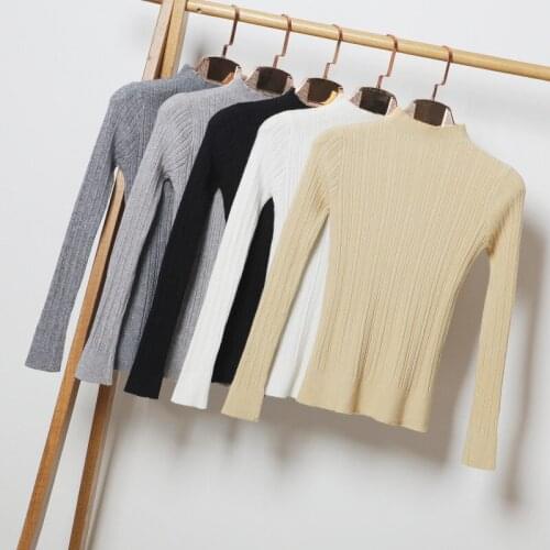 Queechalle 2020 Autumn Winter Half Turtleneck Knitted Pullover Sweater Womens Solid Long Sleeve Slim Casual Sweaters Female Top