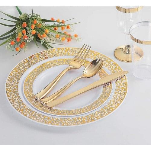 10pcs Gold Disposable Plates Plastic Party Tableware Wedding Party Cutlery for 10 people Plastic Silverware Knife Fork Spoon Cup
