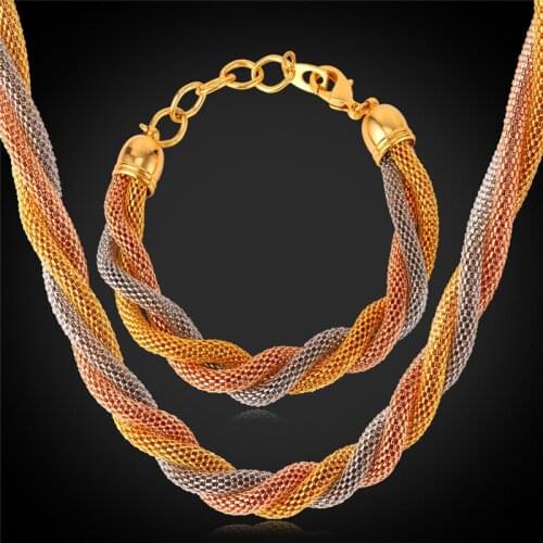 Womens Chain Necklace Bracelet Set Gold/Rose Gold Color 8MM 51CM 20" Necklace Set For Women Jewelry Wholesale NH870