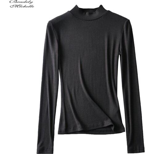 BRADELY MICHELLE 2020 Women Clothing Cotton Kintted Tops Casual Slim Elastic O-neck long-sleeve T-shirt