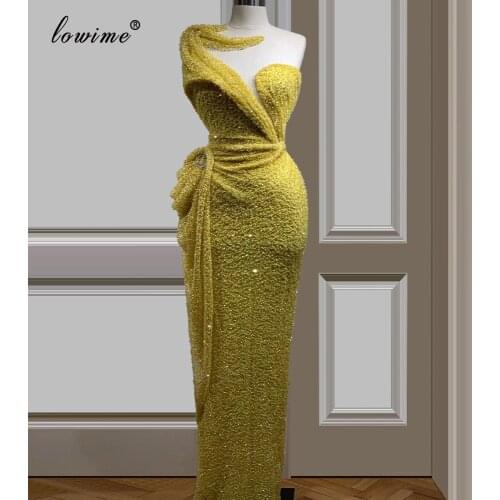 Plus Size Dubai Mermaid Evening Dresses 2020 Long Plus Size Sequins Prom Gowns Party Yellow Kaftan Abendkleider Red Carpet Gowns