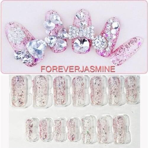 24pcs 3D Full Cover Pink Glitter Nail Tips Bowknot Heart Rhinestone Decorations Transparent Acrylic False Nails #09