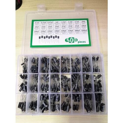 1box Aluminum electrolytic capacitor kit 500pcs 10V 16V 25V 50V 0.22/0.47/1/2.2/3.3/4.7/10 22 33 47 100 220 330 470 680 1000 UF