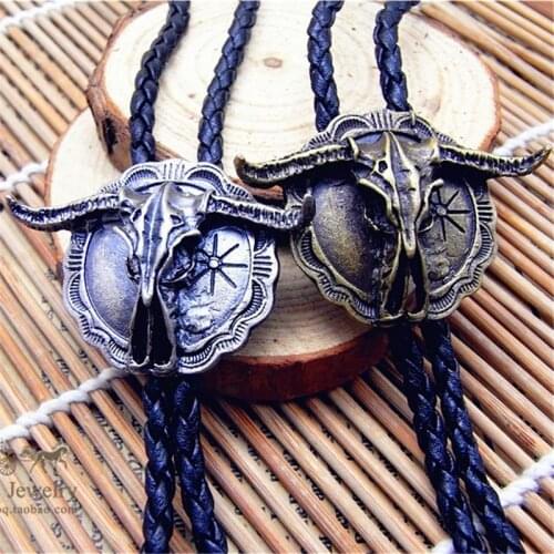 Bolo Tie Retro Bull Head Shirt Chain Bison Cow Poirot Led Rope Leather Necklace