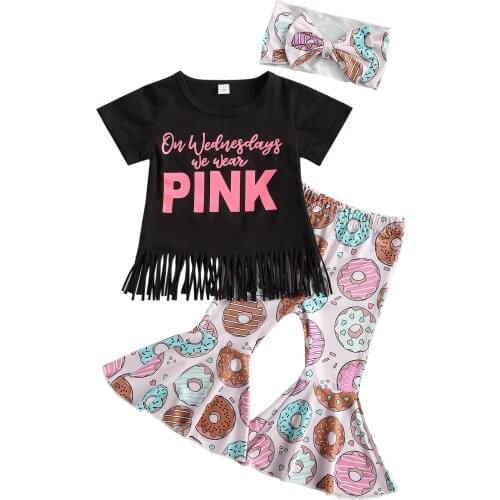 FOCUSNORM 1-6Y Lovely Infant Kids Girls Clothes Sets 3pcs Letter Short Sleeve Tassel T Shirts Donuts Printed Flare Pant Headband