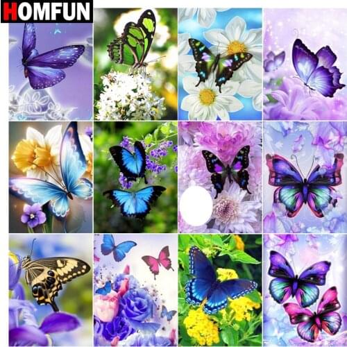 HOMFUN Paint With Diamond Embroidery "Butterfly flower‘’ Diamond Painting Full Square Round Picture Of Rhinestone Decor