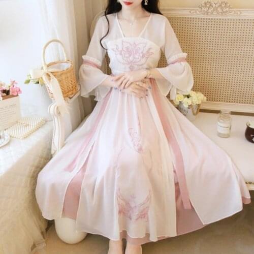 Chinese Traditional Dress Hanfu Women Improved Hanfu Dresses Summer 2021 Embroidered Ancient Style Fairy Chiffon Dress for Girls