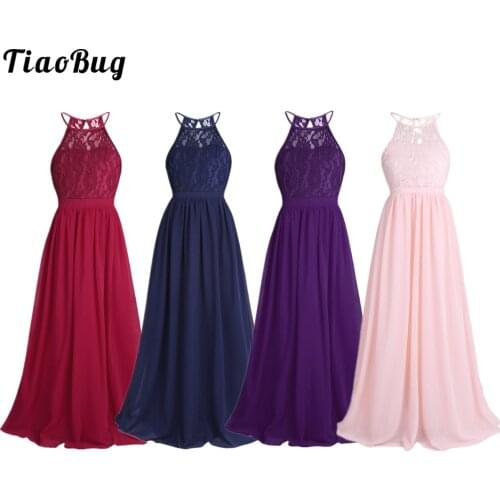 Girls Lace Chiffon Sleeveless Halter Flower Girl Dress Princess For Pageant Wedding Bridesmaid Birthday Party Dance