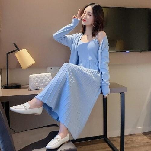 Pregnant Women Autumn Dress Suit Fashion New Loose Strap Dress Knit Cardigan 2 Piece Outfits For Women Pleated Casual Knitwear f