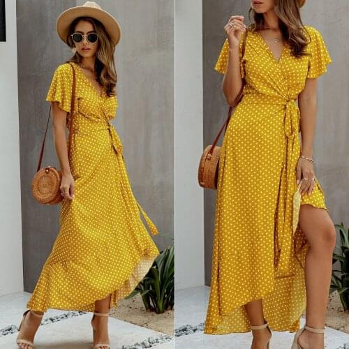 Summer Maxi Dress Women Polka Dot Sexy V Neck Ruffles Short Sleeve Holiday Long Beach Sundress Ladies Lace Up Wrap Party Dresses