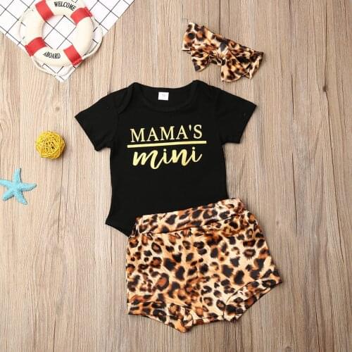 Pudcoco Newborn Baby Girl Clothes Letter Print Short Sleeve Romper Tops Leopard Print Short Pants Headband 3Pcs Outfits Clothes