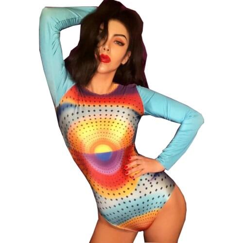 Long Sleeve Skinny Stretch Bodysuits Nightclub Pole Dancing Costume Colorful Singer Performance Stage Wear Evening Prom Jumpsuit