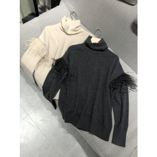 New ladies fashion 2021 long sleeve sexy casual stitching ostrich wool cashmere sweater 1028