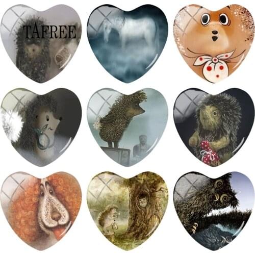 TAFREE New Arrival Lovely Animal Hedgehog Patterns 25mm Heart Shaped Art Photo Glass Cabochon Demo Flat Back Making Findings