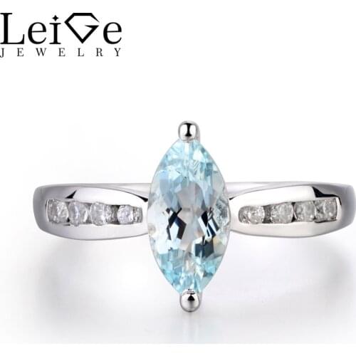 Leige Jewelry Wedding Ring Natural Aquamarine Ring Career OL Style Solitaire Ring Marquise Cut Gems 925 Sterling Silver Ring