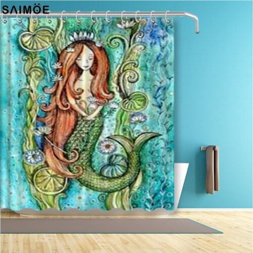 Vintage Mermaid With Green Hair Bathroom Curtain 3D Cartoon For kids Waterproof Shower Curtain Polyester Fabric Bath Curtain Set