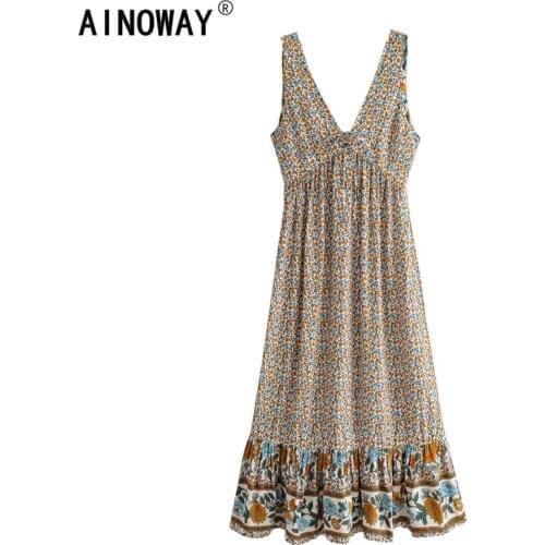 Vintage chic women floral print deep v-neck beach Bohemian Spaghetti sundress Ladies rayon cotton Boho maxi dress vestidos