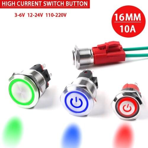 16mm high current 10A waterproof metal button switch led momentary light lock car engine power switch 3-6V 12-24V 110-240V