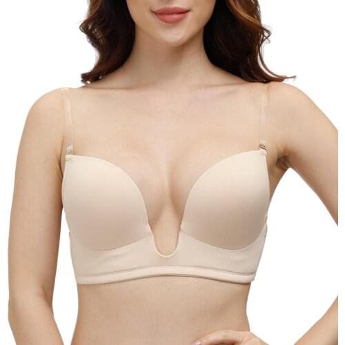 YANDW Clear Strap Silicone Women Sexy Bras Multiway Push Up Padded Wire Bone Ultra Deep V Plunge Bras