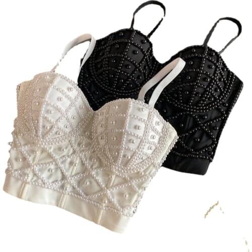 Women Sexy Nightclub Pearl Camisole Black White Chest-wrapped Corset Outwear Bra Bustiers Slim Short Tank Top Sharper Tube Top