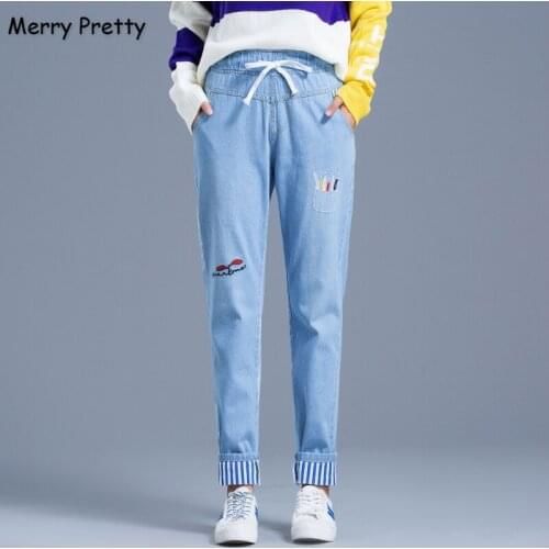 Merry Pretty Women Blue Jeans Pants Cartoon Embroidery Pockets Denim Pants Elastic Waist Straight Striped Patchwork Jean Pants