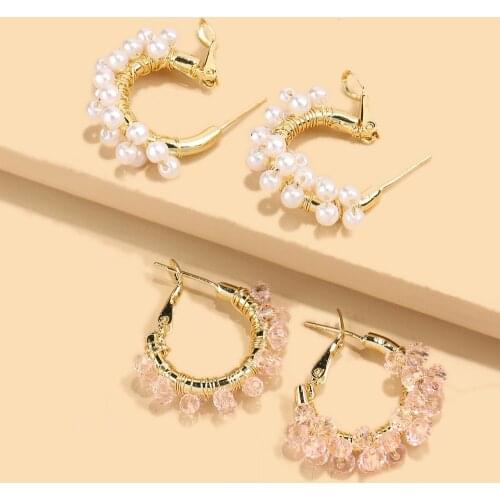 New Korean Retro Pearl Earrings Fashion Personality Handmade White Pink Crystal Circle Hoop earrings Charms Women Huggie Jewelry