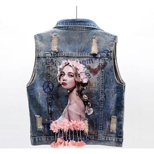 Spring Summer Fashion Short Denim Vest Women Waistcoat Sleeveless Jacket beading Applique Flowers hole Jeans Vest Female JC216