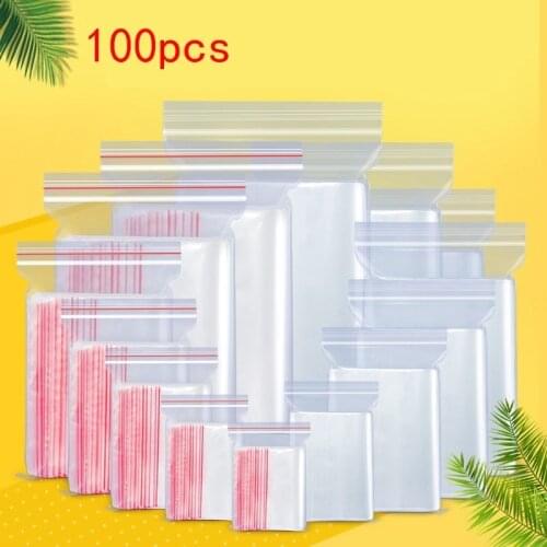 100pcs Resealable Zip Lock Bags Self Seal Clear Plastic Poly Beads Jewelry Bag Food Storage Package Reclosable Vacuum Fresh Bag