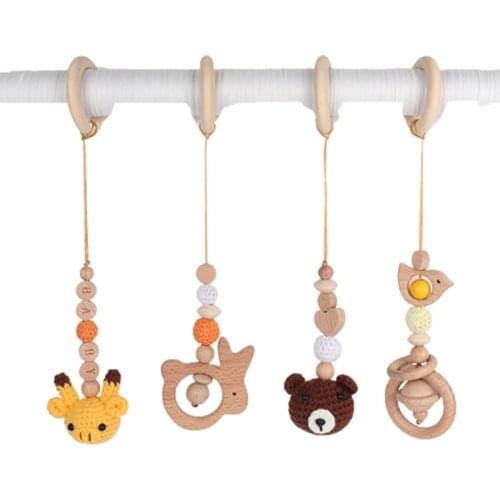 4 Pcs/Set Baby Play Gym Frame Stroller Hanging Pendants Kids Carriage Decoration Pendant Toys Wooden Ring Teether Molar