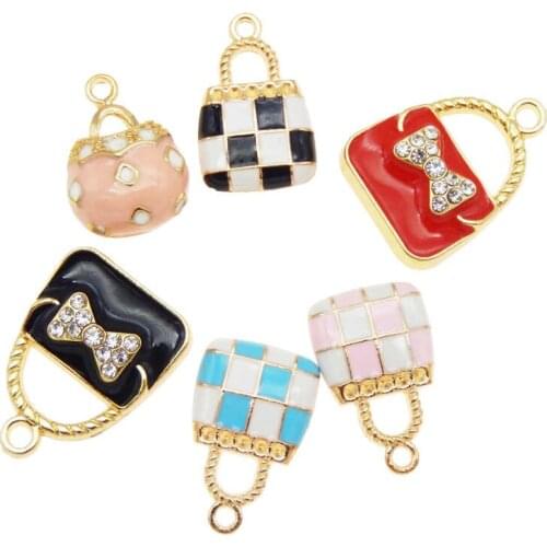 Julie Wang 6PCS Enamel Charms Mixed Handbag Alloy Gold Tone Women Purse Bag Pendant Bracelet Jewelry Making Accessory