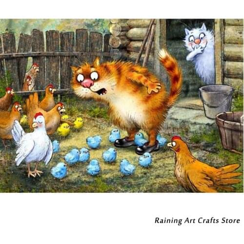5D Diy Diamond Painting Cartoon Cat and Chicken Full Drill Cross Stitch Kits Embroidery Mosaic Pictures Home Decoration New